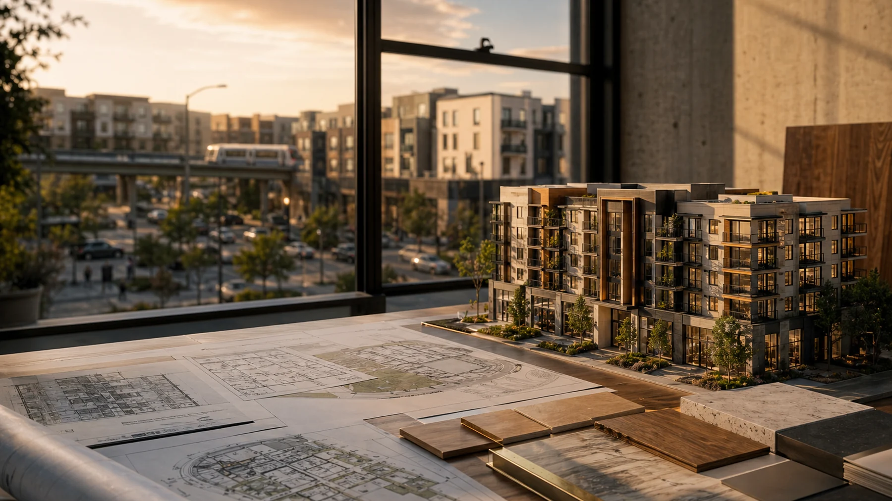 Architectural studio table with development plans and a mixed-use building model